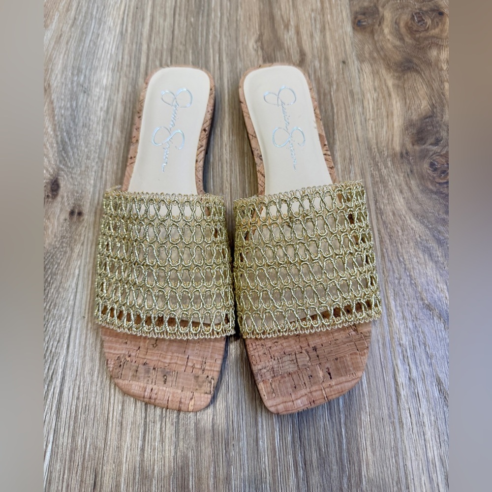 Jessica Simpson Gold Woven Slide Sandals Cork Footbed Size 7.5 - Picture 3 of 7